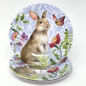 208 Park Melamine Bunny Rabbit Blue Floral Spring Easter 9” Set Of 3 Plates